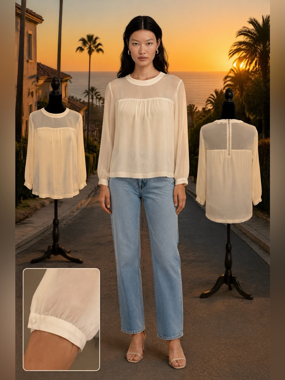 Forever 21 Ivory Sheer Yoke Blouse